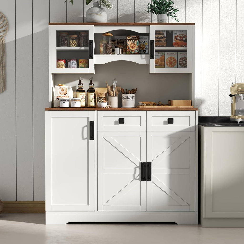Loomie 59" Farmhouse Buffet Cabinets with Storage,Buffet Sideboard Cabinet with Drawers and Glass Door,Freestanding Coffee Bar with Adjustable Shelves for Dining Room,Kitchen,(White)