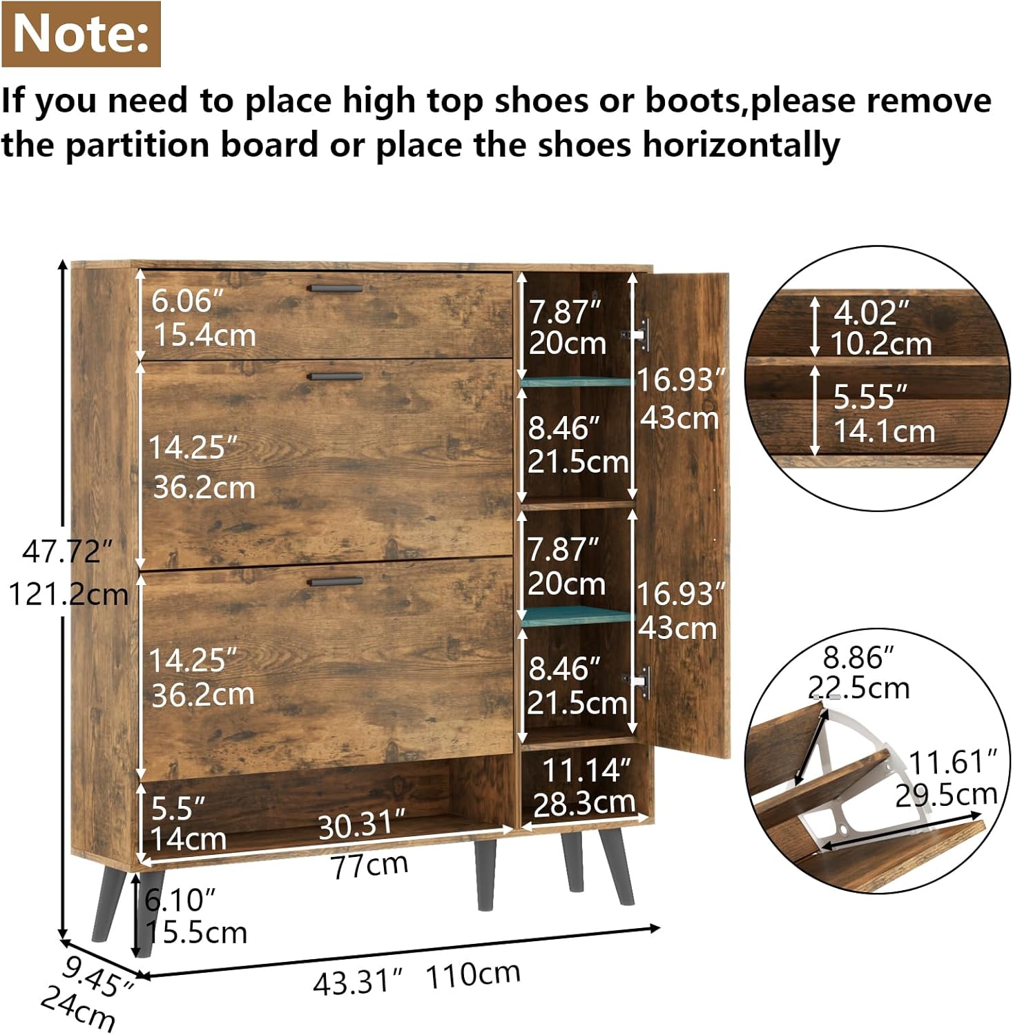 Loomie Shoe Storage With 2 Flip Drawers & Side Cabinet, Narrow Hidden Storage With Doors, Adjustable Shelf, Slim for Entryway (Rustic)