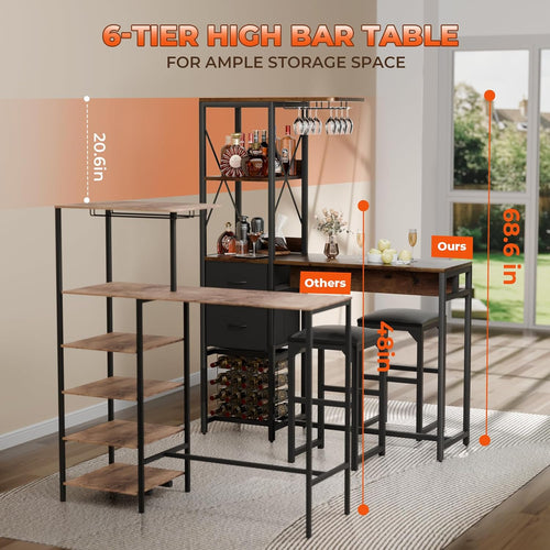 6-Tier Bar Table and Chairs Set, Metal Coffee Bar with Storage Shelves and 2 Fabric Drawers, Dining Table Cup Holder & Wine Rack, Kitchen Table Set with PU Leather Cushion Stools for Small Space