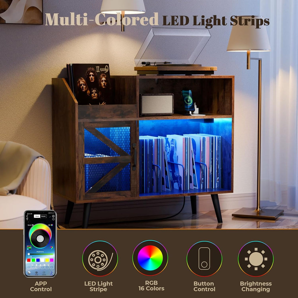 Large Rustic Record Player Stand with Magnetic Door,350 Vinyl Record Storage Cabinet, Record Player Table with Power Outlet and LED Light,Turntable Stand with Wood Legs for Living Room