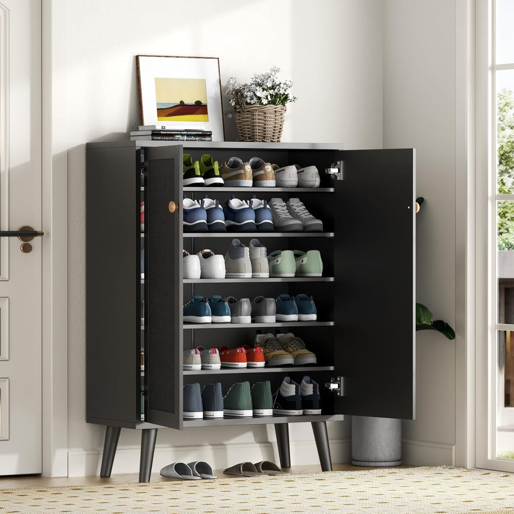 Loomie Rattan Shoe Cabinet, 6-Tiers Shoe Storage Cabinet for Entryway Hallway, 2 Door Accent Cabinet with Adjustable Shelves, 44" H Tall Sideboard Storage Cabinet Closet Living Room (Black)