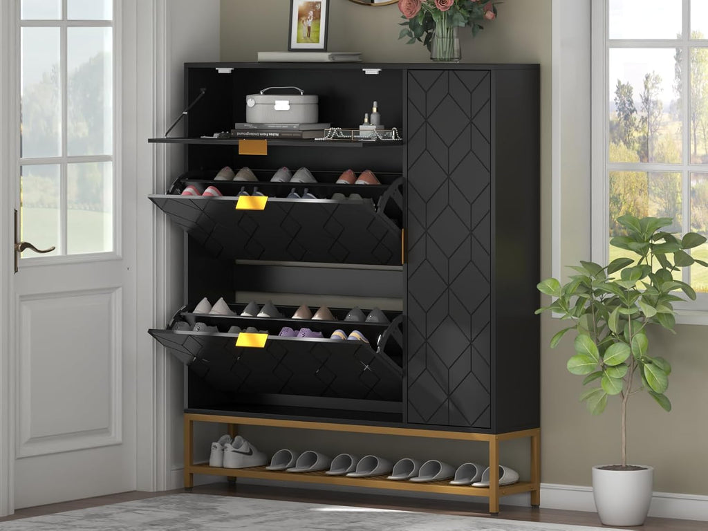 Loomie Shoe Cabinet,Freestanding Tipping Bucket Shoe Rack Organizer with 2 Flip Drawers,Entryway Narrow Shoe Storage with Adjustable Storage Shelf &Top Cubby,Modern Slim Hidden Shoe Cabinet, Black