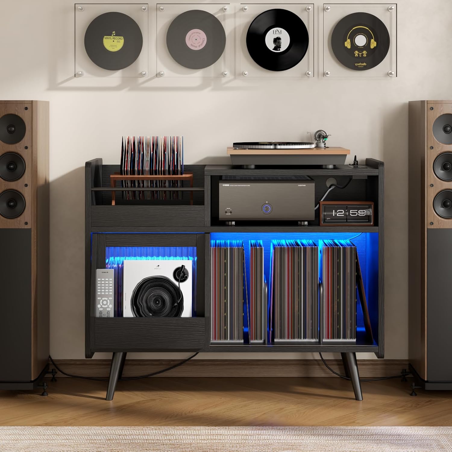 Loomie Large Black Record Player Stand Turntable Stand Shelf with with Power Outlet and LED Light,Vinyl Record Storage Cabinet Up to 350 Albums,Wood Record Player Holder Table for Living Room