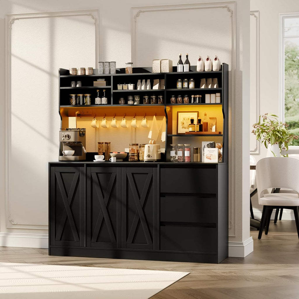 Loomie Farmhouse Sideboard Buffet Cabinet with Storage, 59" Kitchen Storage Cabinet with Power Outlet & LED Light, Coffee Bar w/Microwave Stand & Doors & Drawers & Hooks & Adjusted Shelves (Black)