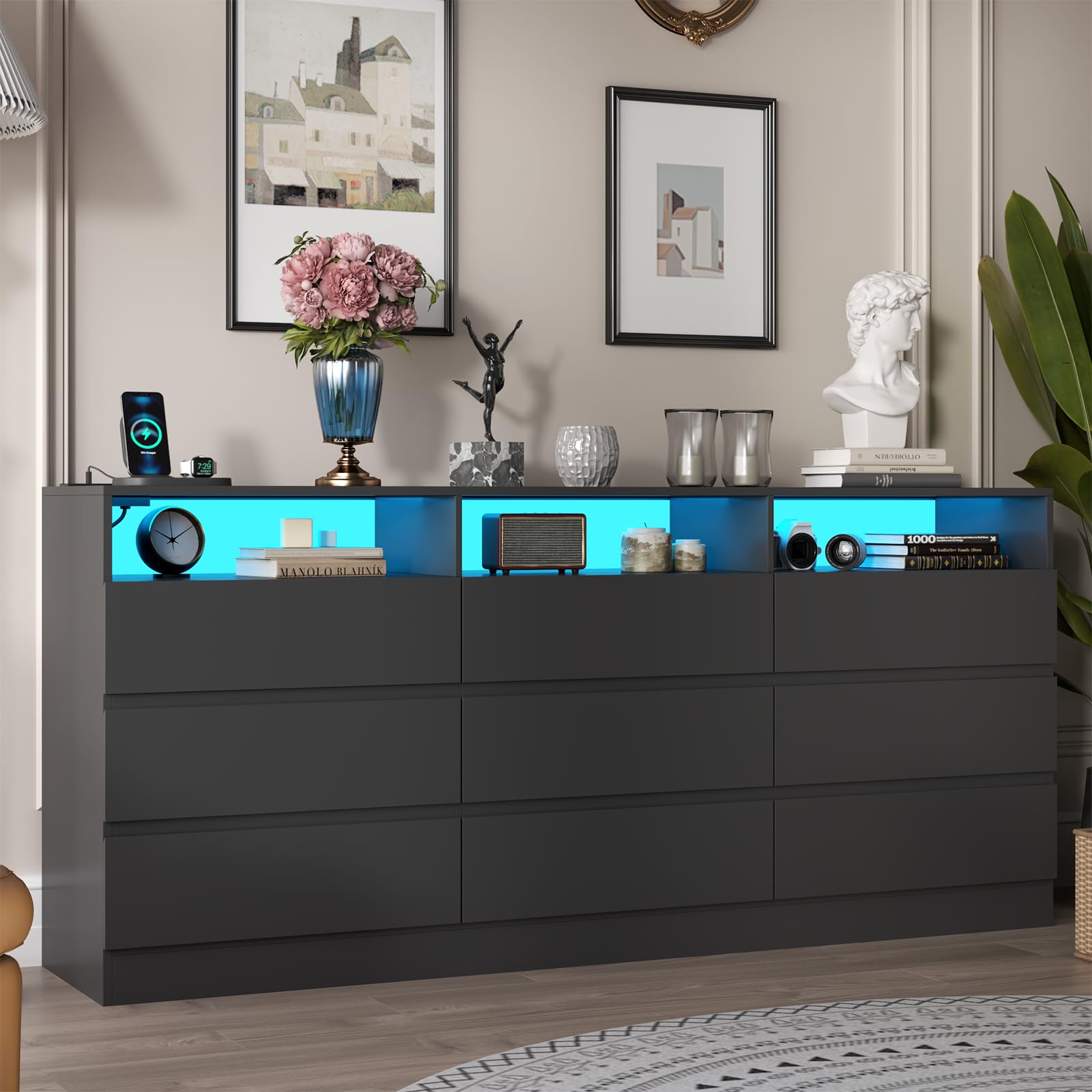 Loomie 9 Drawer Dresser with Power Outlet, Modern Chest of Drawers with LED Light, Long Wide Drawer Dresser Organizer Cabinet with 3 Open Cubbies for Bedroom, Living Room,Entryway (White)