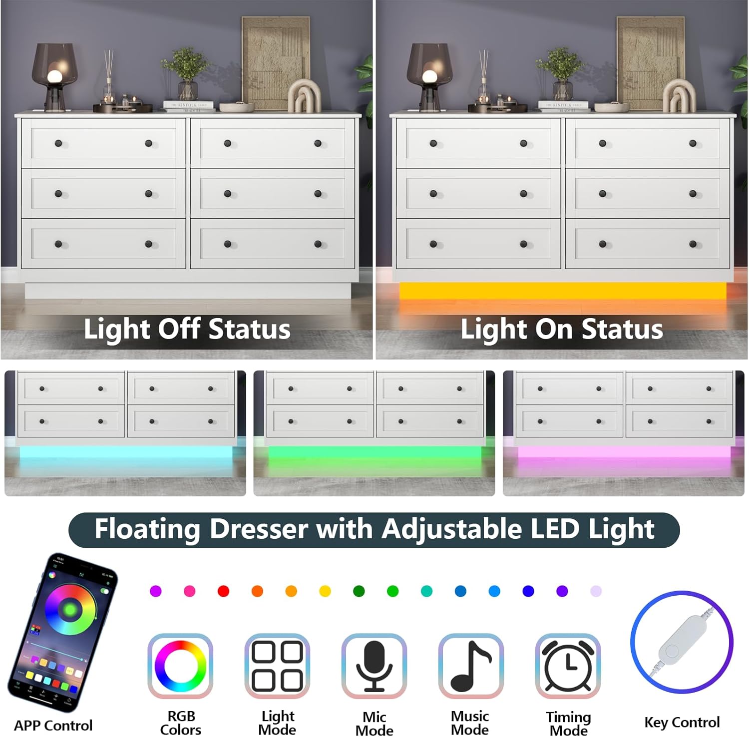 Loomie 6 Drawer Dresser, Modern Drawer Chests with Power Outlet and Led Light, Wide Chest of Drawers for Storage and Organization, White Dresser for Bedroom, Living Room, Closets, Entryway