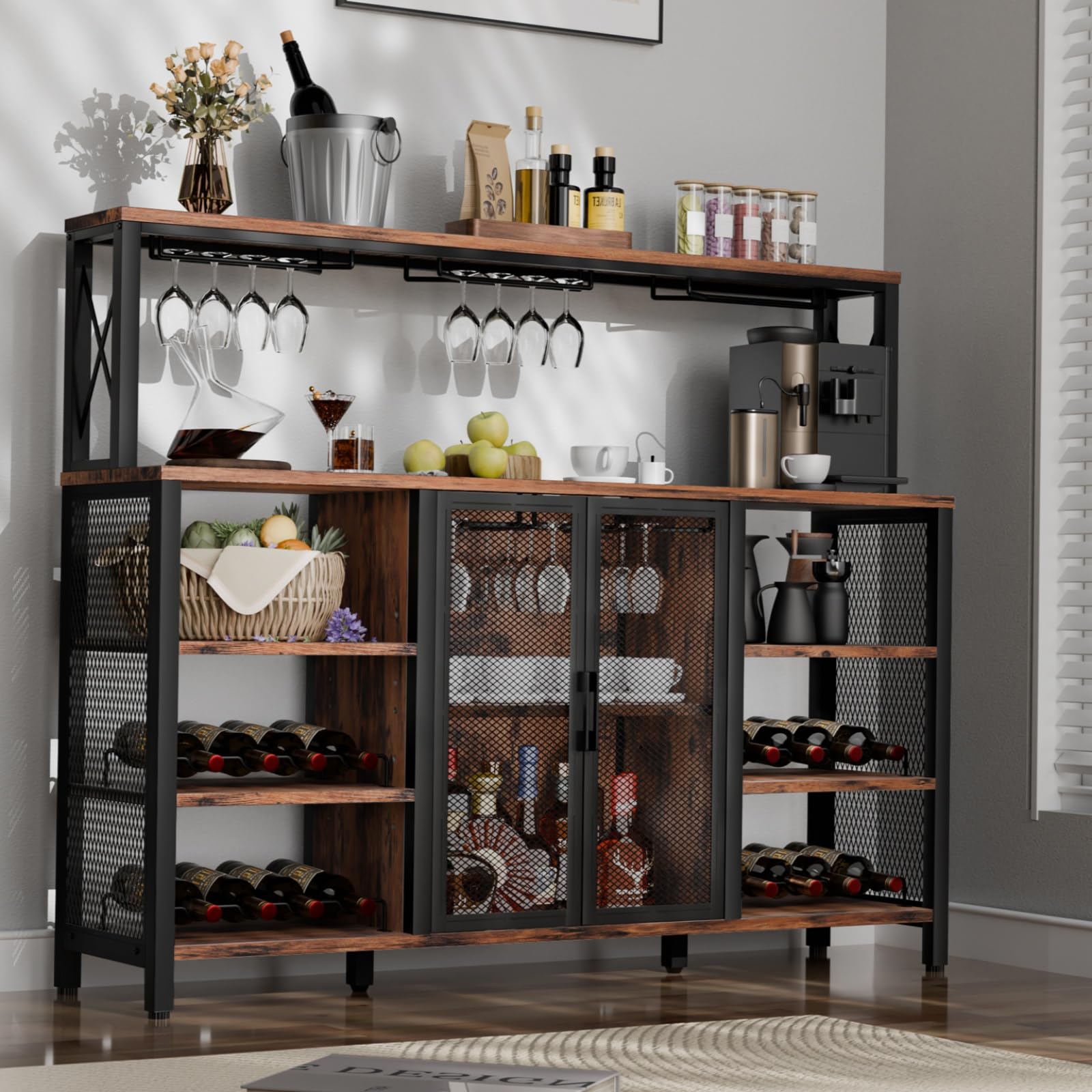 Large Bar Cabinet with Drawer Storage, Rustic Long Wine Cabinet with LED Lights, Farmhouse Wood Metal Liquor Cabinet with Wine Rack and Glass Goblet Holder, Sideboard Buffet for Kitchen,Dining Room