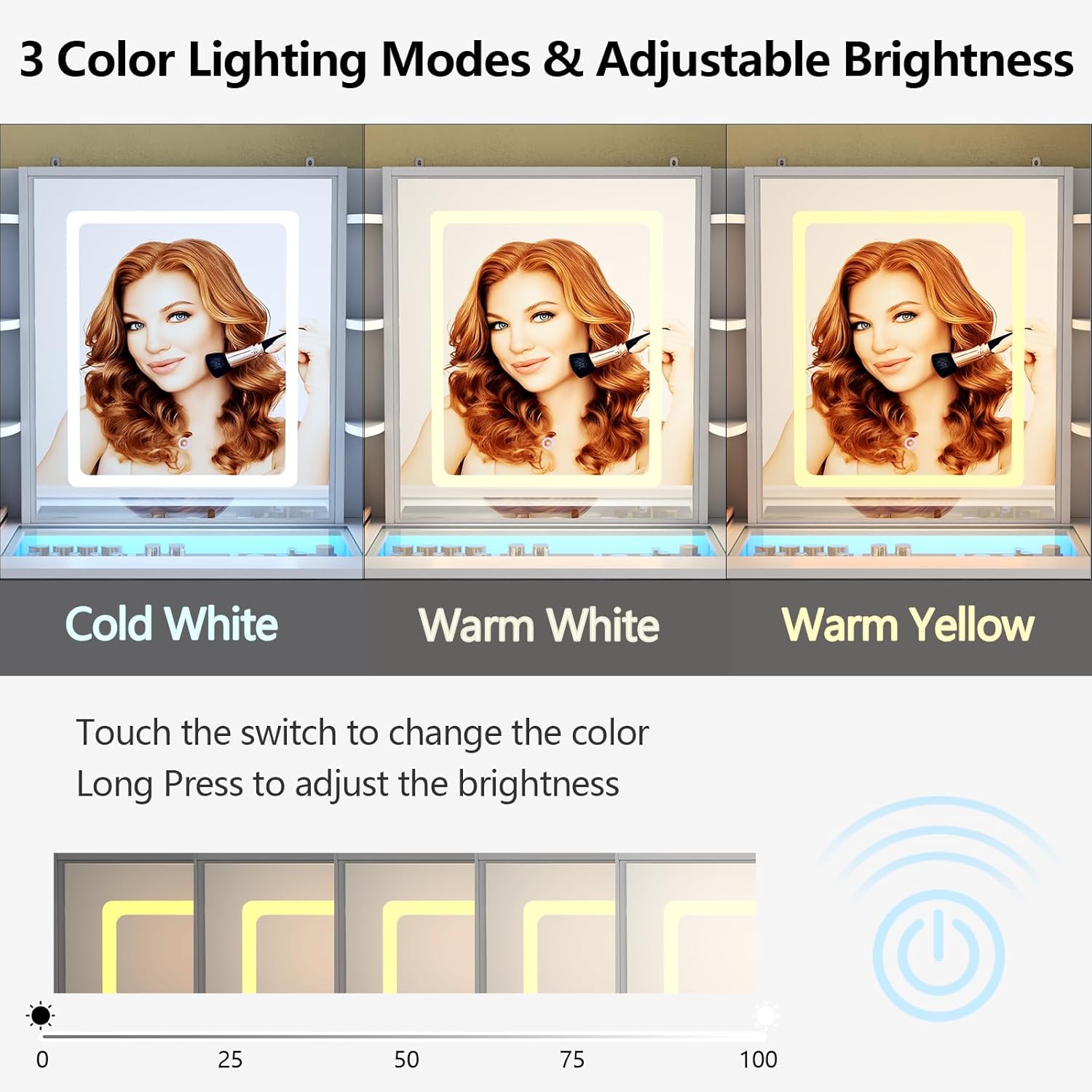 Loomie Vanity Desk with Lighted Mirror & Power Outlet, Makeup Vanity Table with 3 Drawers, 6 Shelves & 2 Cabinets, Tempered Glass Tabletop Dressing Table with LED lights for Bedroom, White (3 Drawers)