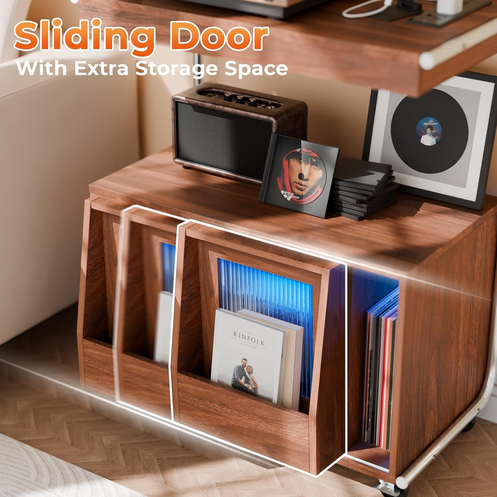 Large Record Player Stand with Sliding Door and Wheels,200 Vinyl Record Storage Cabinet, Record Player Table with Power Outlet & LED Light,Turntable Stand with Wood Legs for Living Room,Bedroom