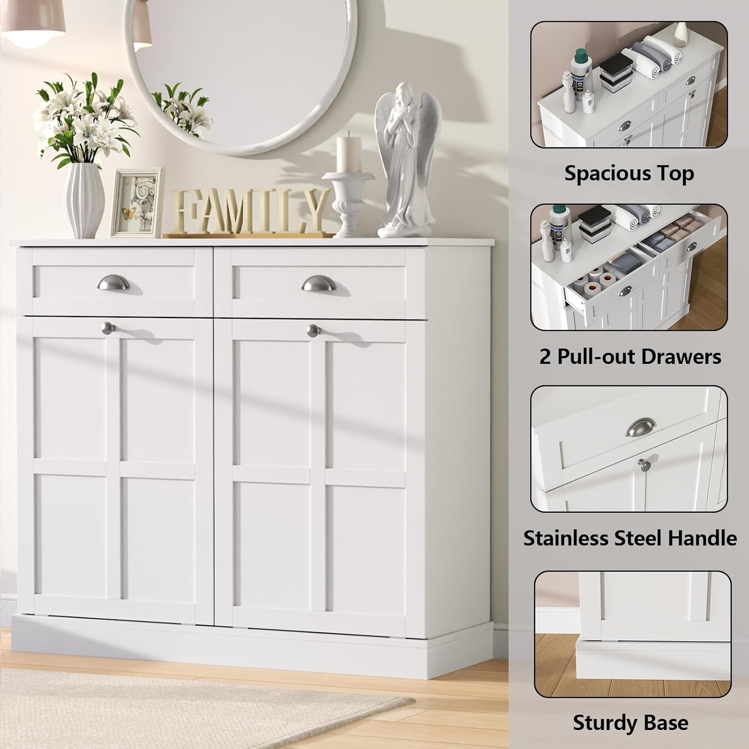 Loomie Double Tilt Out Laundry Hamper Cabinet, Hidden Laundry Cabinet with 2 Drawers & 2 Baskets, 30 Gallon Trash Can for Bathroom, Kitchen, White