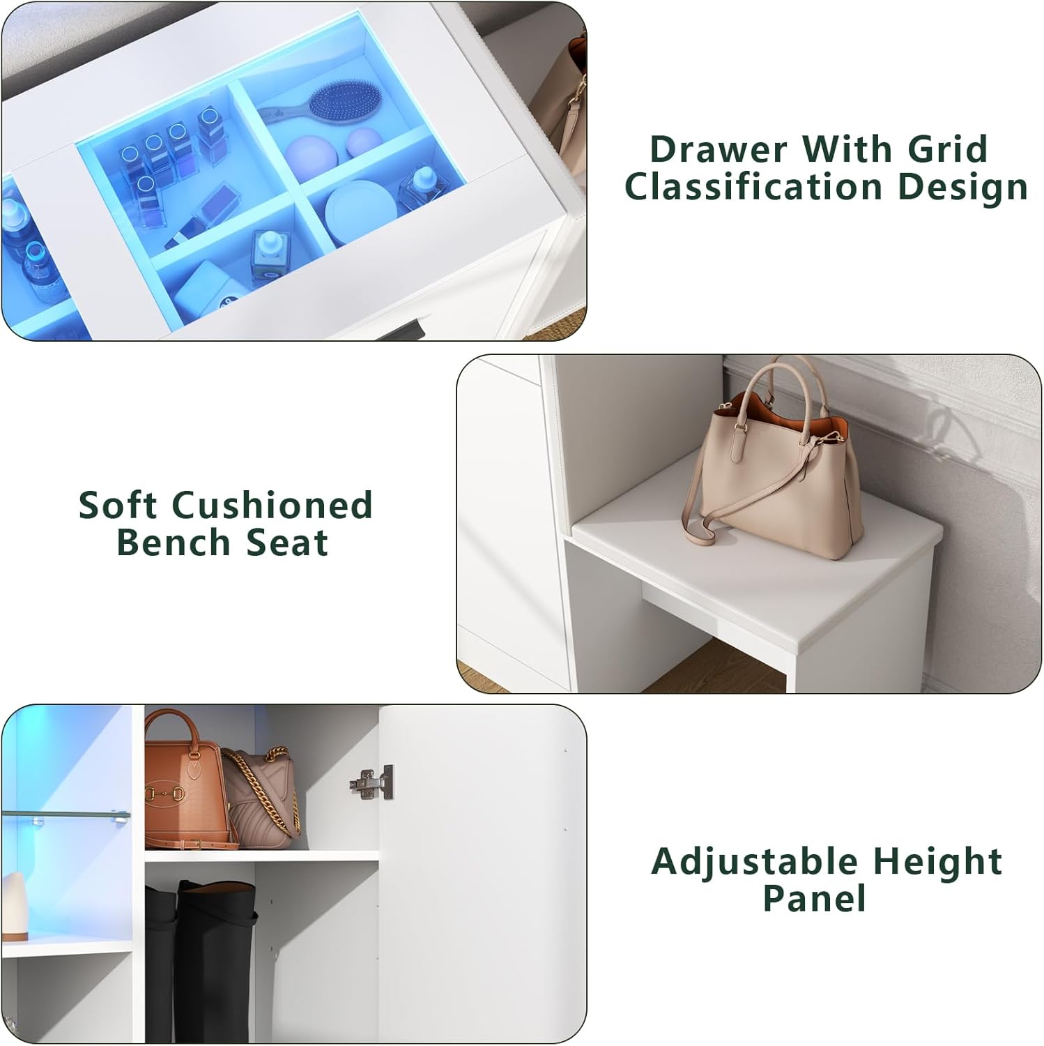 Makeup Vanity Storage Island with Charging & LED Light,Wardrobe Closet Island with Glass Tabletop and Bench, Modern Storage Display Cabinet with Drawers and Shelves for Dressing Room Cloakroom（White）