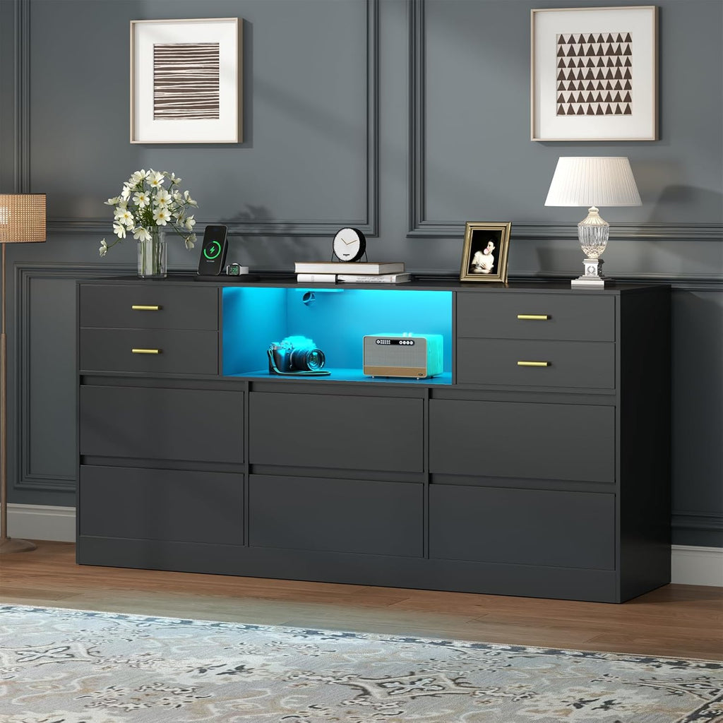 Loomie Upgraded 10 Drawer Black Dresser with Charging Station & Led Lights for Bedroom, 58" Long Triple Wide Dresser TV Stand for TVs up to 65", Wide Chest of Drawer, Large Dressers Organizer wCubby