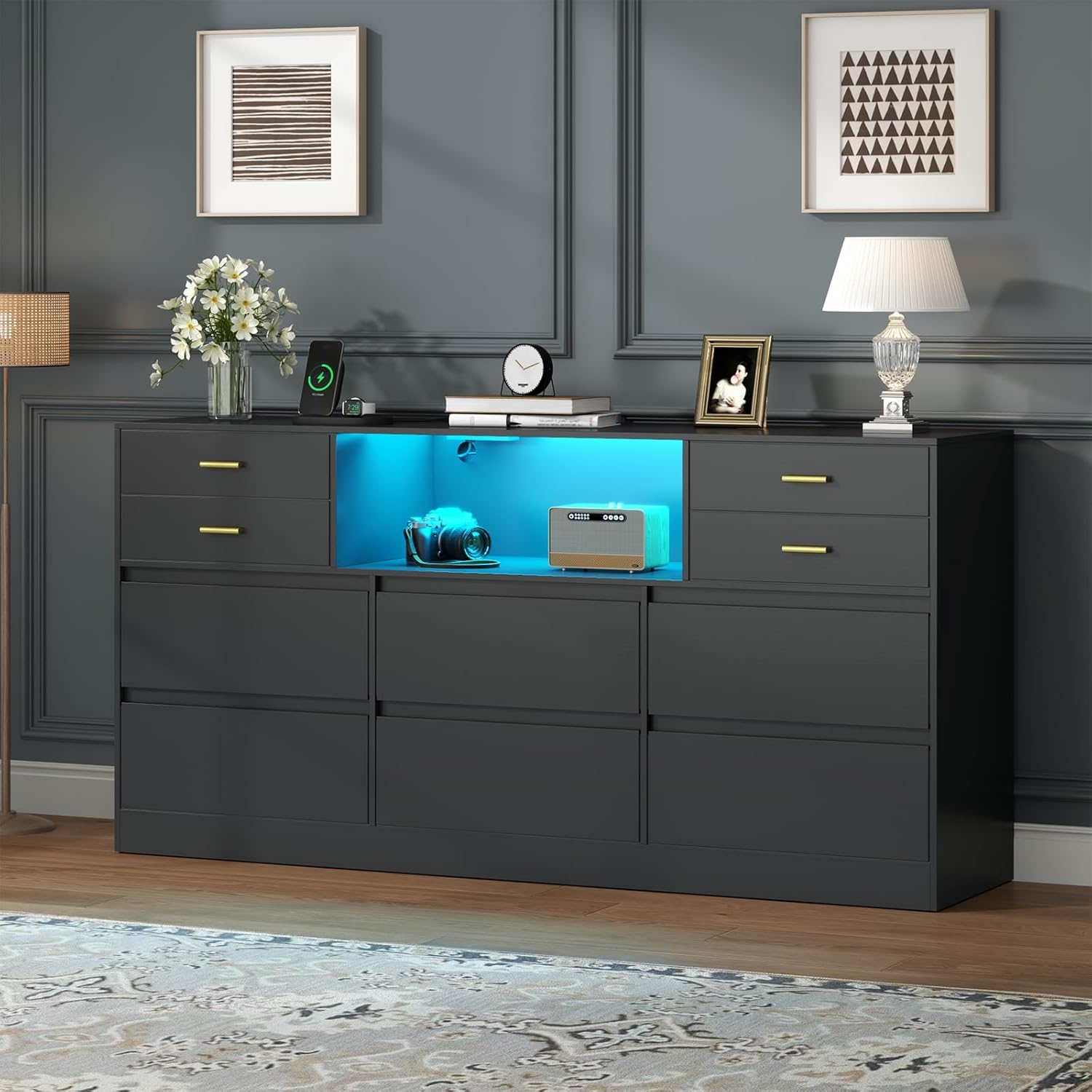 Loomie Upgraded 10 Drawer Black Dresser with Charging Station & Led Lights for Bedroom, 58" Long Triple Wide Dresser TV Stand for TVs up to 65", Wide Chest of Drawer, Large Dressers Organizer wCubby
