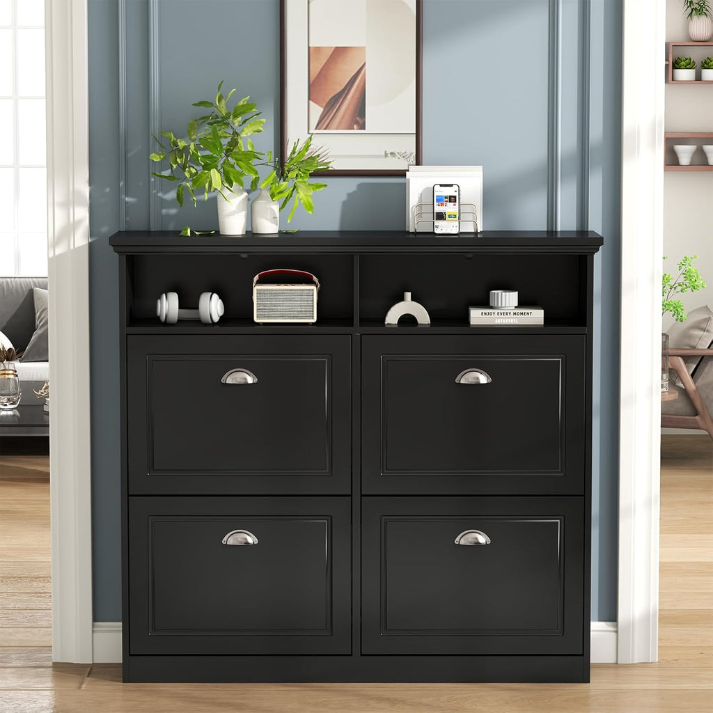 Loomie Shoe Cabinet with 4 Flip Drawers, Freestanding Shoe Storage Cabinet with Open Shelves, Hidden Slim Narrow Shoe Rack Cabinet, Shoe Organizer for Entryway, Foyer, Hallway (Black)