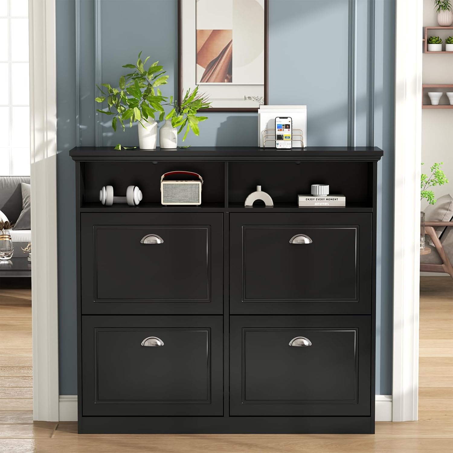 Loomie Shoe Cabinet with 4 Flip Drawers, Freestanding Shoe Storage Cabinet with Open Shelves, Hidden Slim Narrow Shoe Rack Cabinet, Shoe Organizer for Entryway, Foyer, Hallway (Black)