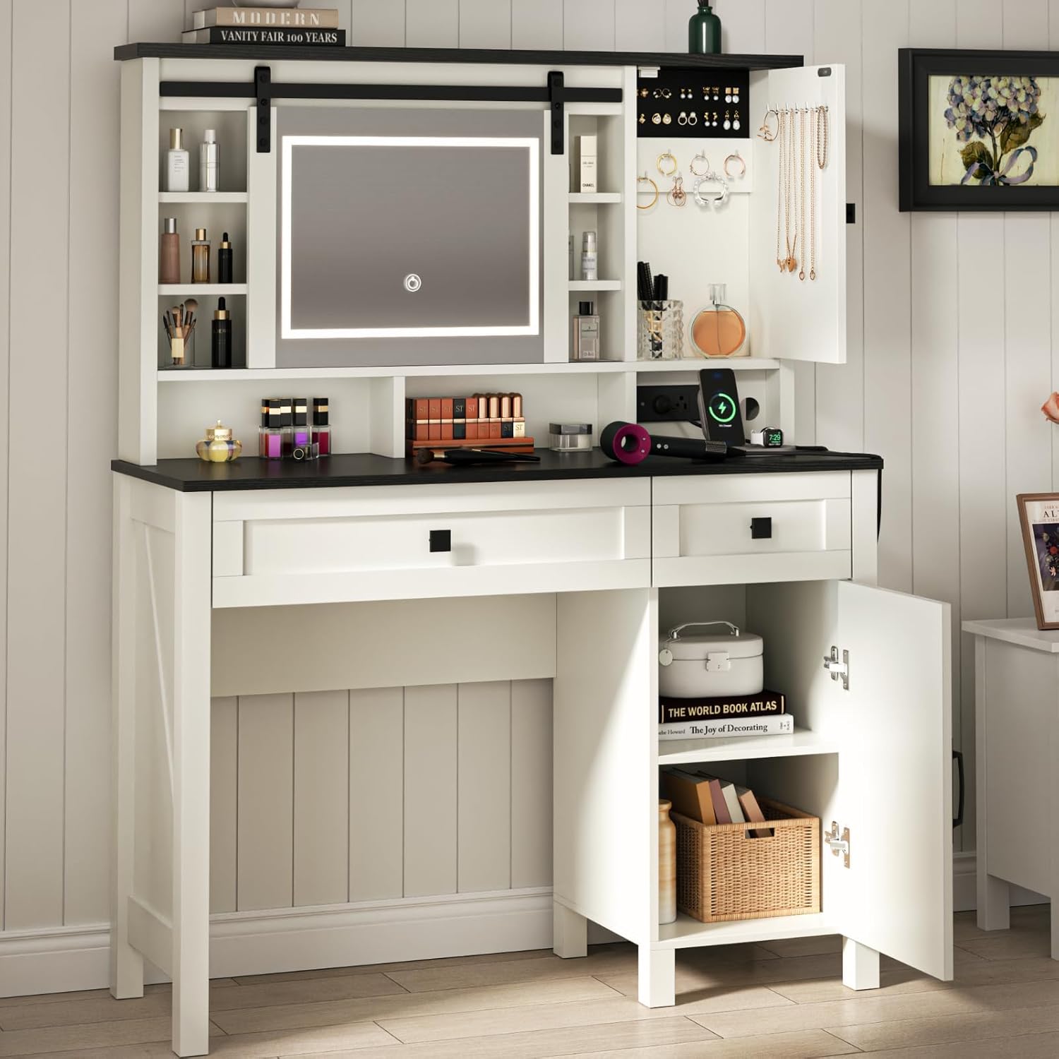 Loomie Farmhouse Vanity Desk with Sliding Mirror & Lights, Makeup Vanity Table with Power Outlet, 2 Drawers, 2 Cabinets & 2 Cubbies, Dressing Table with 3 Color Lighting Modes for Bedroom (White)