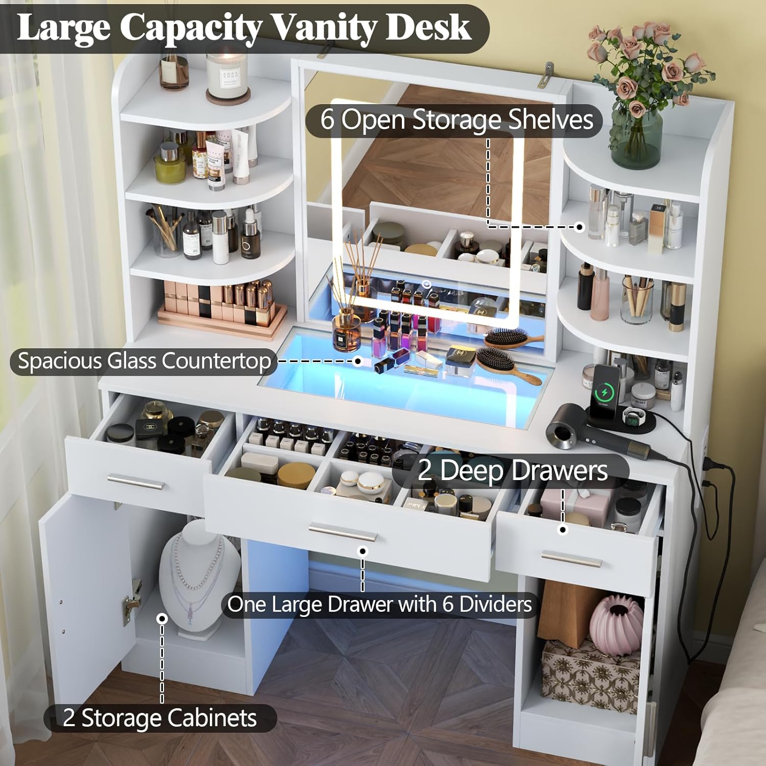 Loomie Vanity Desk with Lighted Mirror & Power Outlet, Makeup Vanity Table with 3 Drawers, 6 Shelves & 2 Cabinets, Tempered Glass Tabletop Dressing Table with LED lights for Bedroom, White (3 Drawers)