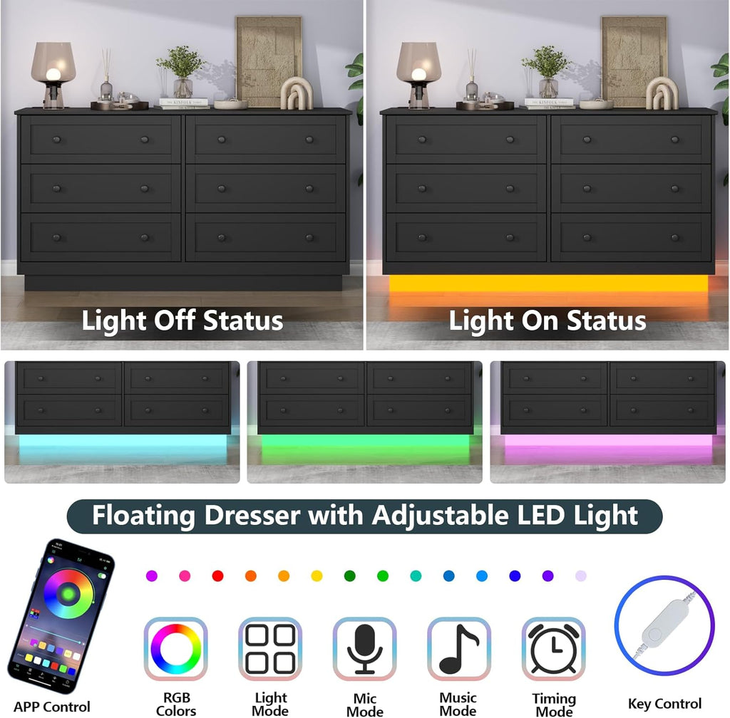 Loomie 6 Drawer Dresser with Power Outlet, Modern Chest of Drawers with Led Light, Double Wide Drawer Organizer Cabinet, Dresser for Bedroom, Living Room, Entryway (Black)