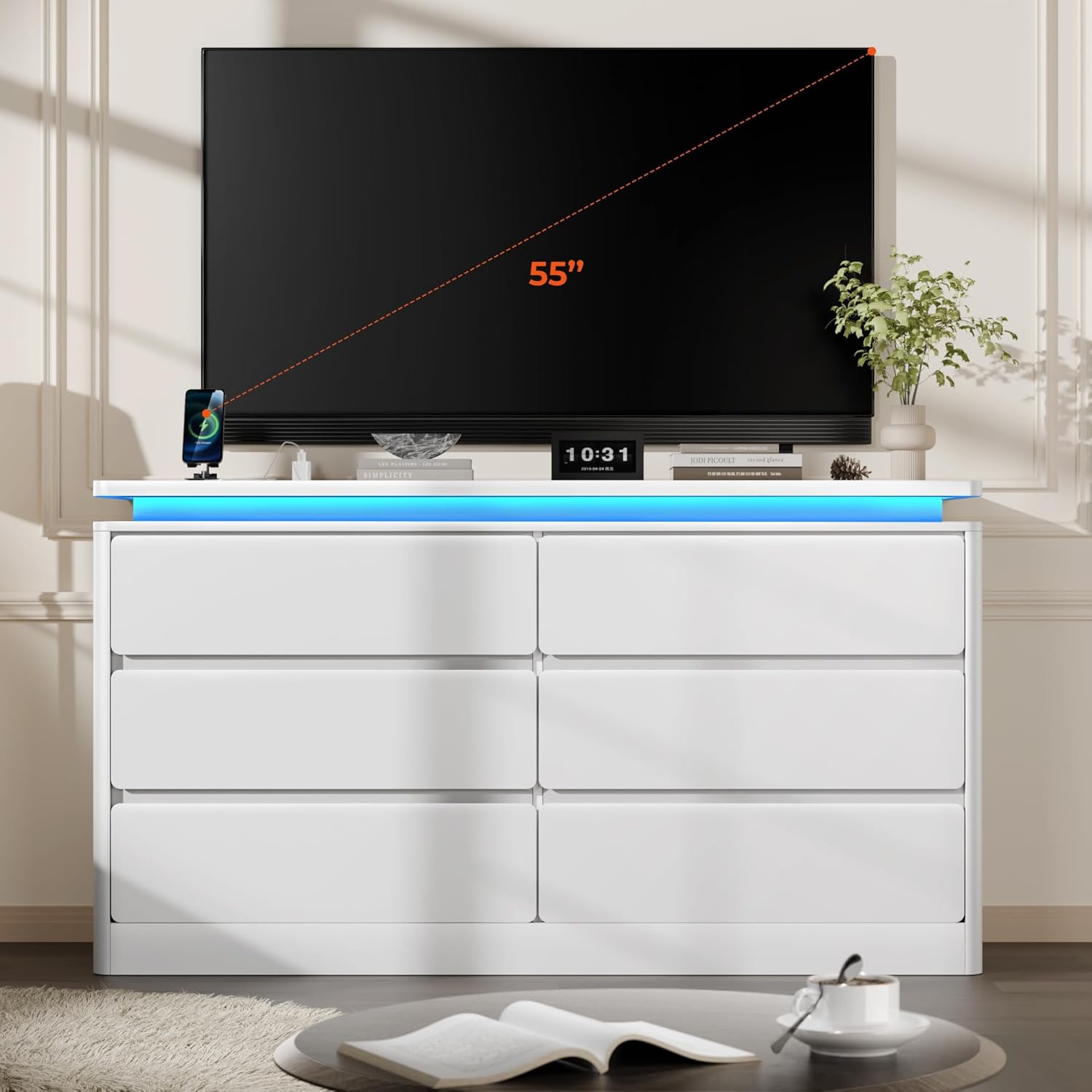 Upgraded 6 Drawer White Dresser for Bedroom, 47.2" Long Chest of Drawers with Charging Station & LED Lights, Wooden Storage Cabinet Dresser for Closet,Modern TV Stand with Deep Drawers