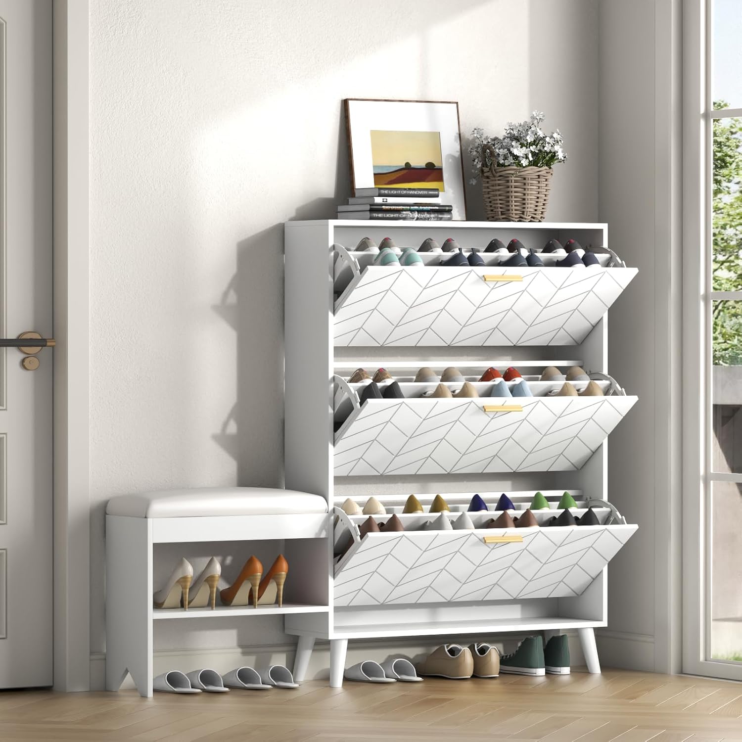 Loomie Shoe Cabinet w/3 Flip Drawers, Shoe Storage Cabinet w/Bench for Entryway, Freestanding Narrow Hidden Shoe Rack Organizer with Open Shelf & Solid Wood Legs for Hallway,Living Room,Closet,White