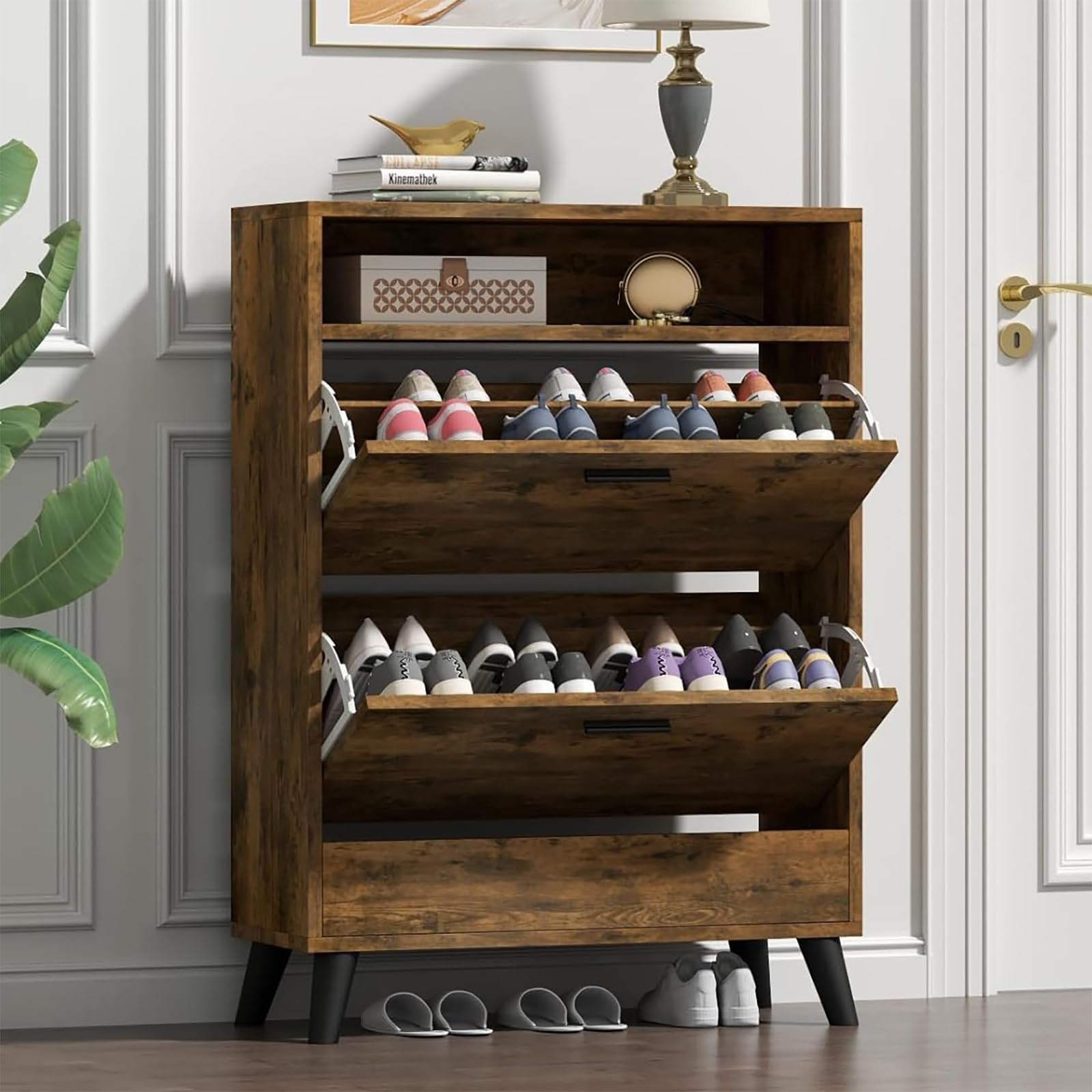 Loomie Shoe Storage Cabinet for Entryway, Free Standing Shoe Organizer with 2 Flip Drawers, Slim Narrow Hidden Shoe Rack Cabinet with Open Shelf, Shoe Cabinet for Hallway, Living Room (Black)