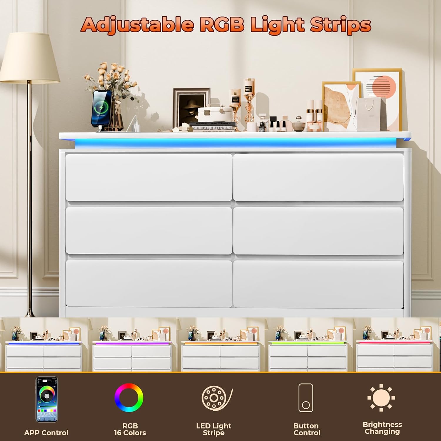 Upgraded 6 Drawer White Dresser for Bedroom, 47.2" Long Chest of Drawers with Charging Station & LED Lights, Wooden Storage Cabinet Dresser for Closet,Modern TV Stand with Deep Drawers