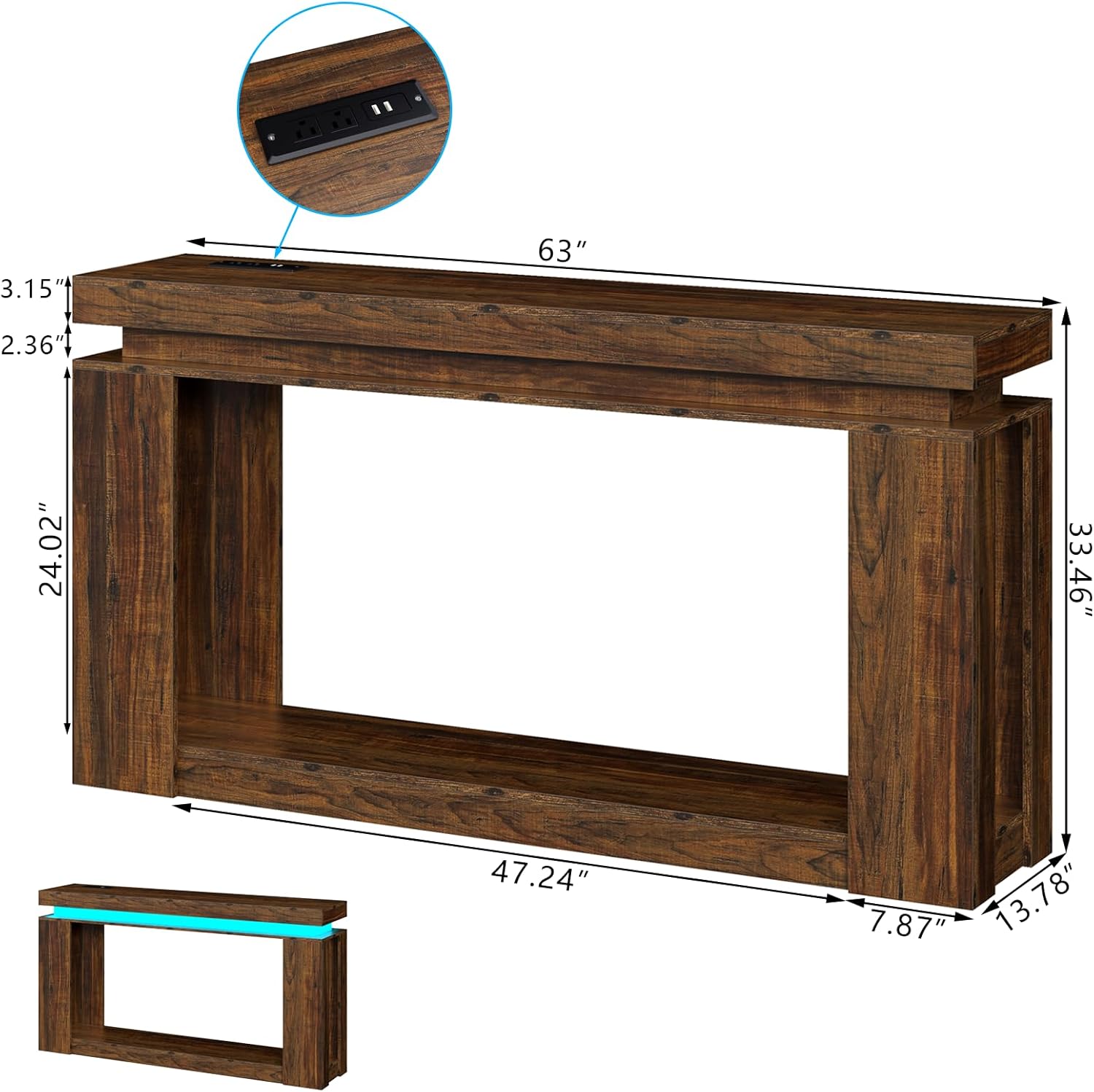 Loomie 63" Long Console Table with LED Lights & Power Outlet, 2-Tier Farmhouse Sofa Table Behind Couch with Storage, Narrow Entryway Tables with Heavy Duty Base for Living Room, Hallway (Brown)