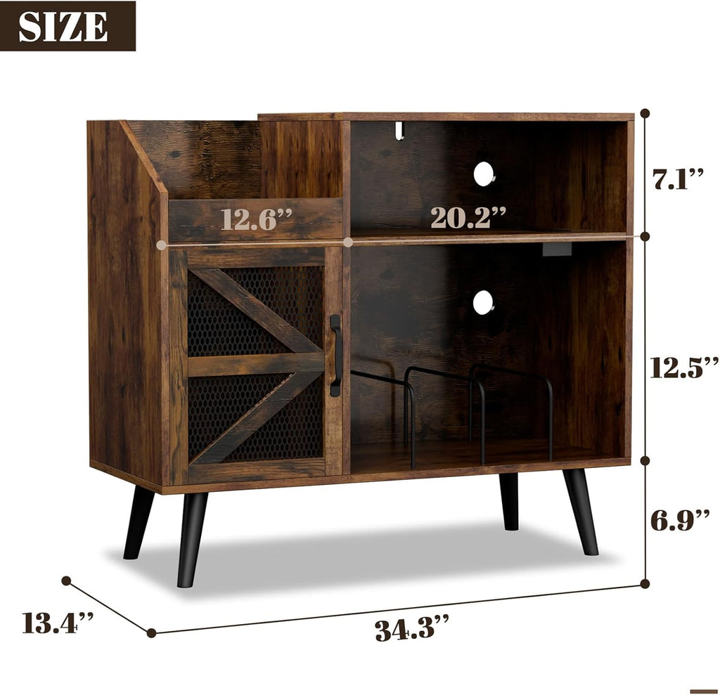Large Rustic Record Player Stand with Magnetic Door,350 Vinyl Record Storage Cabinet, Record Player Table with Power Outlet and LED Light,Turntable Stand with Wood Legs for Living Room