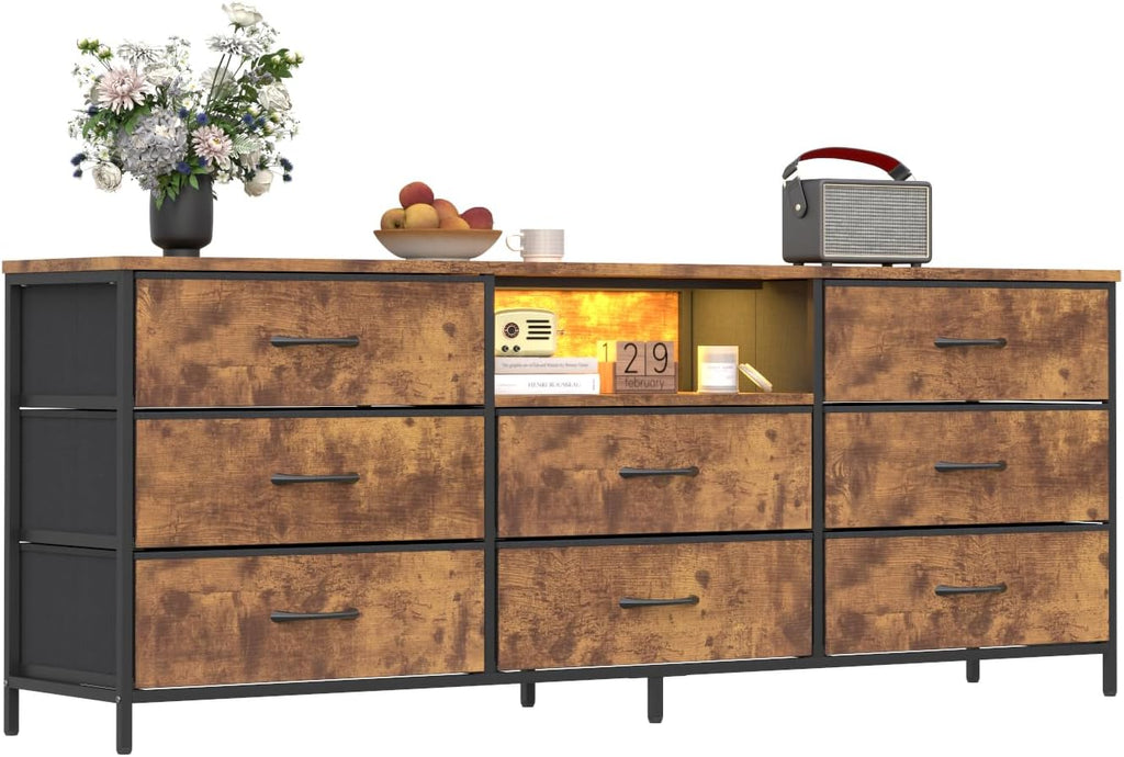 Loomie 63 Inch Dresser for Bedroom, Wide Long Fabric Dresser with LED Lights & 8 Drawers, Large TV Stand for 55, 65, 70 Inch TV, Entertainment Center with Storage (Rustic Brown)