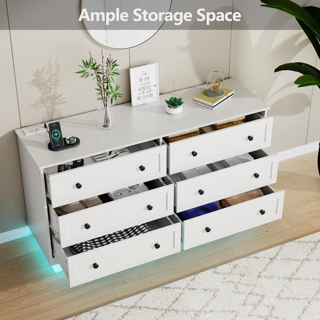 Loomie 6 Drawer Dresser, Modern Drawer Chests with Power Outlet and Led Light, Wide Chest of Drawers for Storage and Organization, White Dresser for Bedroom, Living Room, Closets, Entryway