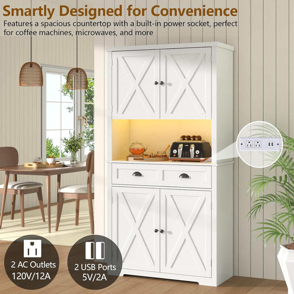 Loomie 72" Farmhouse Kitchen Pantry Cabinet With LED, Operation Table & Power Outlet, Tall Storage With Drawer, Adjustable Shelves for Dining Room (White)