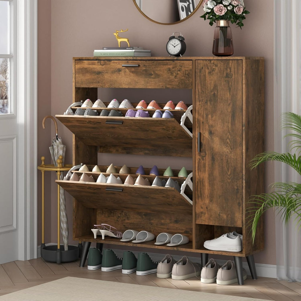 Loomie Shoe Storage With 2 Flip Drawers & Side Cabinet, Narrow Hidden Storage With Doors, Adjustable Shelf, Slim for Entryway (Rustic)