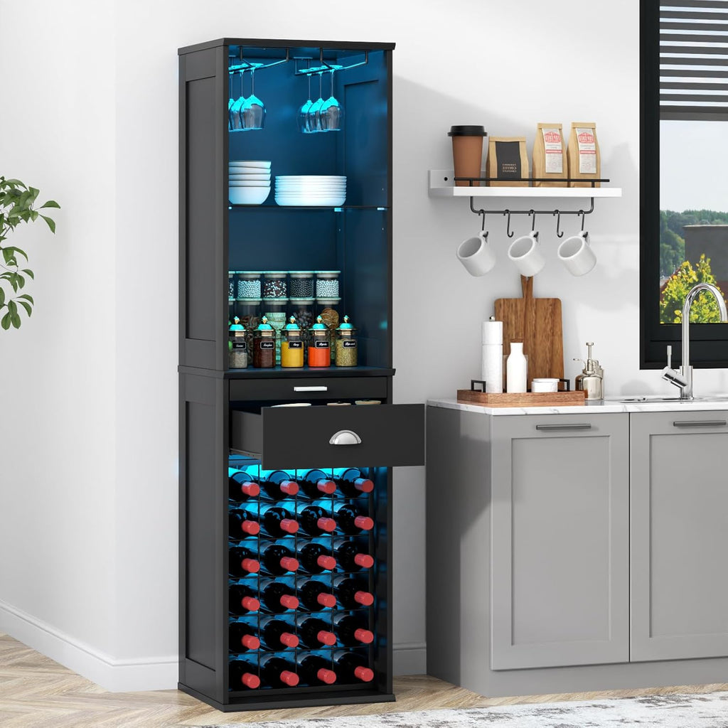 Loomie Wine Bar Cabinet with LED Lights, 65'' Tall Coffee Bar Cabinet with 24 Wine Rack & Glass Holder, Kitchen Storage with Tray & Drawer & Adjustable Shelf (Black)