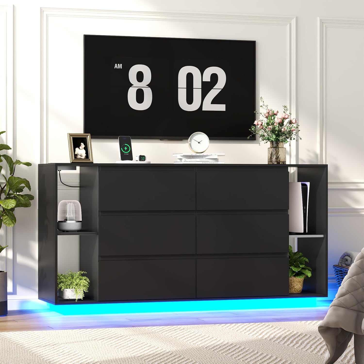 Loomie 6 Drawer Dresser for Bedroom, Modern Chest of Drawers with Power Outlet & LED Light, Double Wide Drawer Dresser Organizer Cabinet with Side Storage Shelves for Living Room (Black)