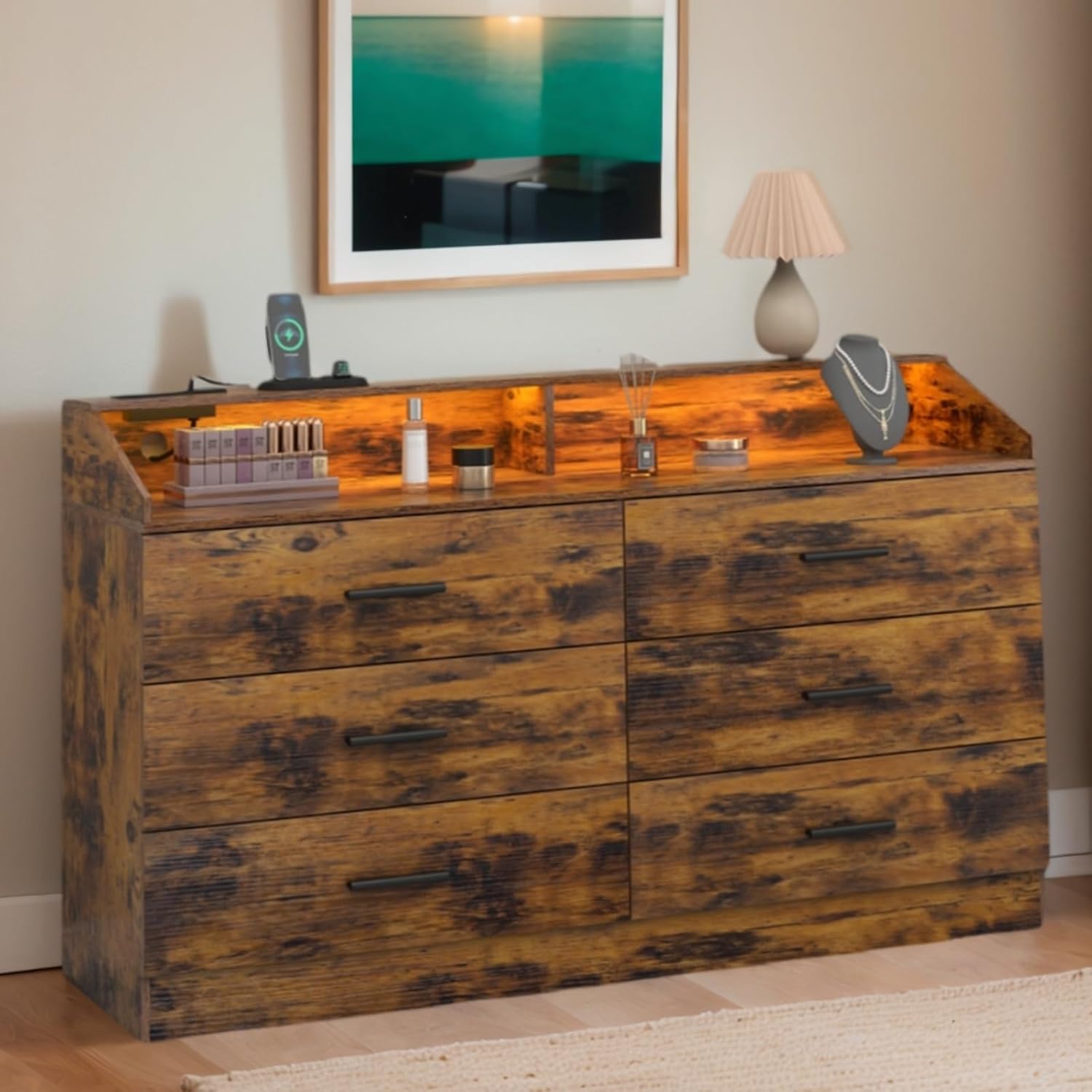 Dresser for Bedroom, 6 Drawer Dresser with Charging Station, Chests of Drawers with LED Lights, Modern Double Dresser, Storage Cabinet with Drawers for Living Room, Hallway (Brown)