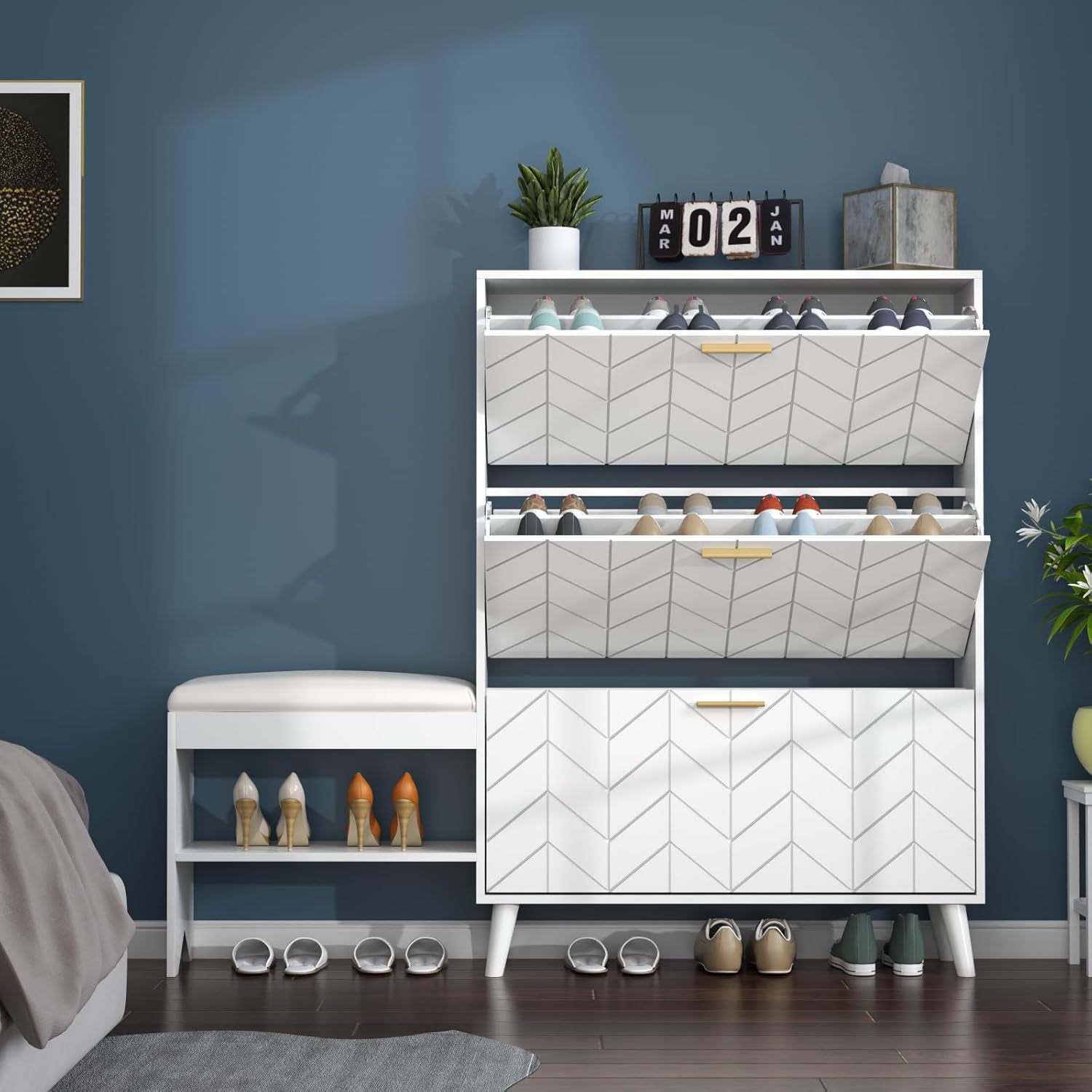 Loomie Shoe Cabinet w/3 Flip Drawers, Shoe Storage Cabinet w/Bench for Entryway, Freestanding Narrow Hidden Shoe Rack Organizer with Open Shelf & Solid Wood Legs for Hallway,Living Room,Closet,White