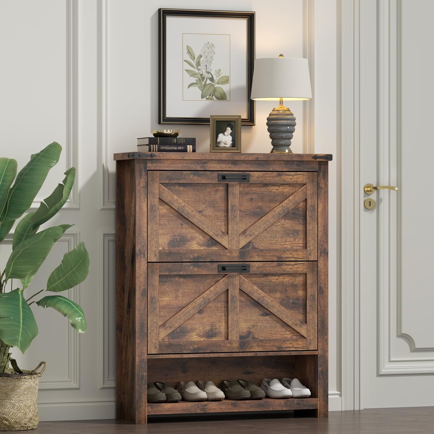 Loomie Farmhouse Shoe Storage Cabinet,Free Standing Shoe Organizer with 2 Flip Drawers, Narrow Modern Slim Hidden Shoe Cabinet with Doors & Cubby for Entryway, Vintage Brown