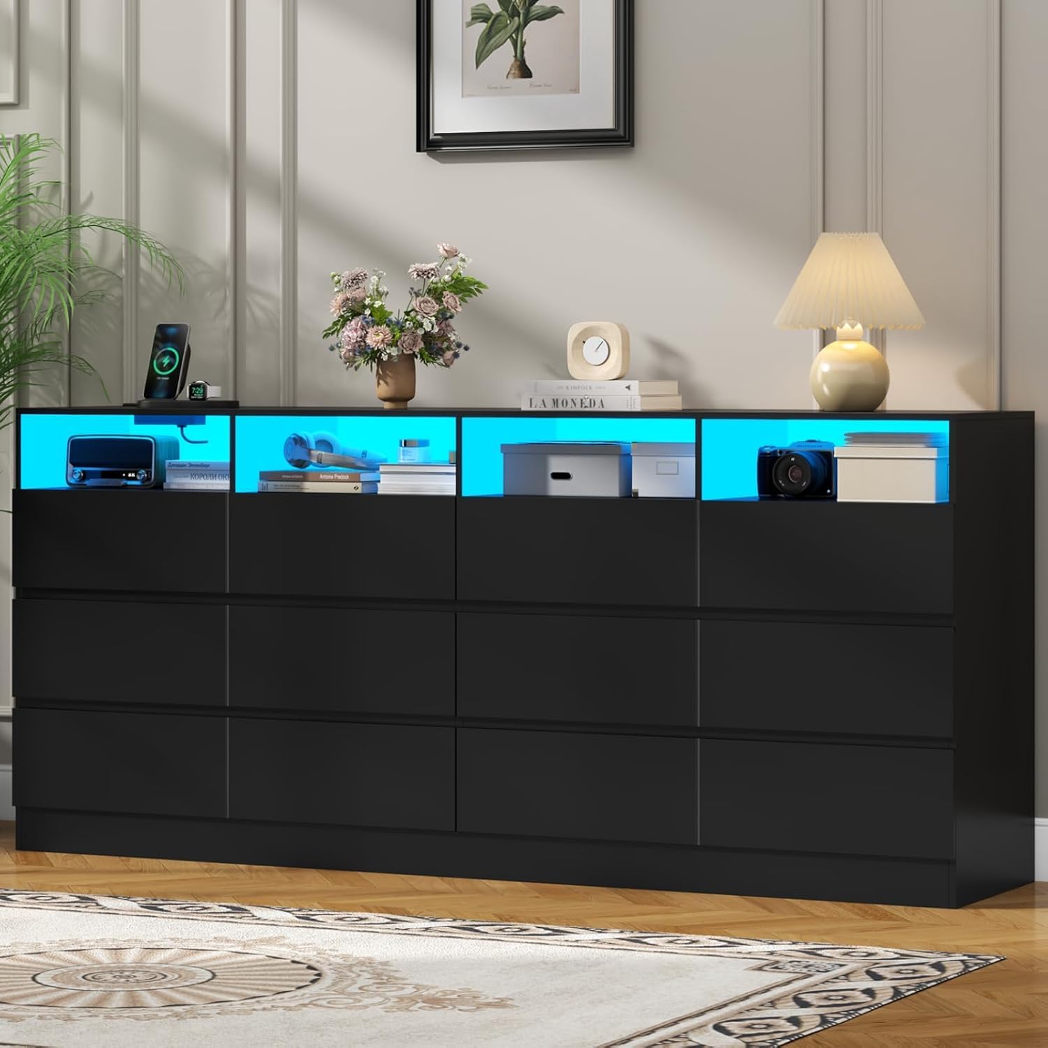 Loomie 12-Cell Divided Drawers Black Dresser with Charging Station & Led Lights for Bedroom, Long 63" Wide Dresser TV Stand for TVs up to 75", Large Dressers Organizer with 4 Open Cubbies