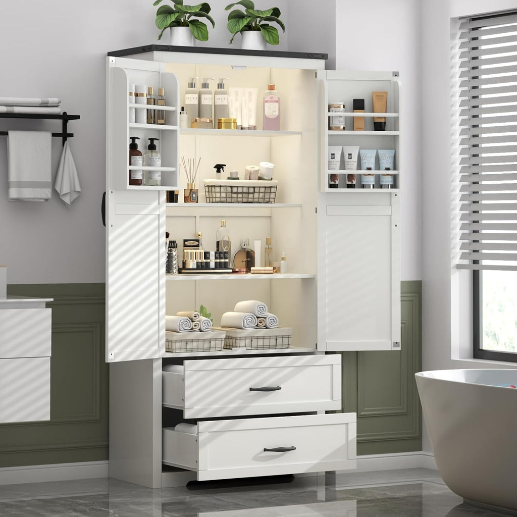 Loomie 71" Tall Farmhouse Kitchen Pantry with Sensor Light & Adjustable Shelves, Large Storage Cabinet with 2 Drawers & Adjustable Shelves, Rustic Wood Cupboard for Dining Room,Bathroom, Living Room