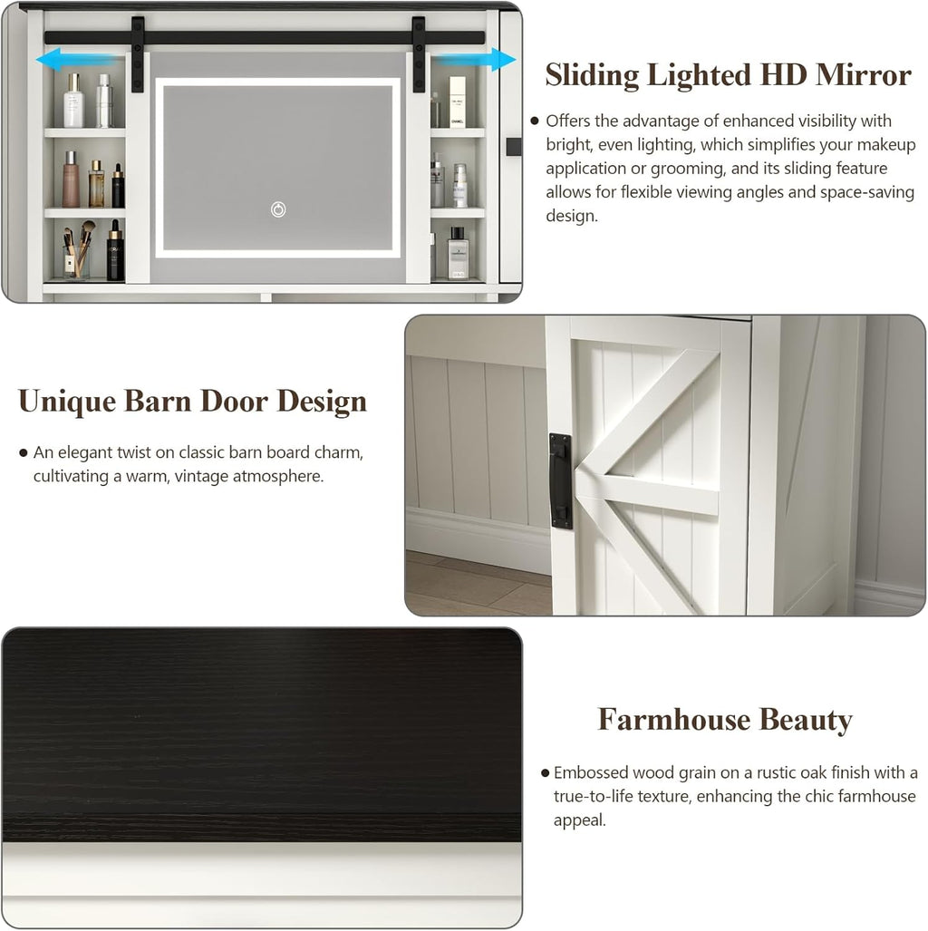 Loomie Farmhouse Vanity Desk with Sliding Mirror & Lights, Makeup Vanity Table with Power Outlet, 2 Drawers, 2 Cabinets & 2 Cubbies, Dressing Table with 3 Color Lighting Modes for Bedroom (White)