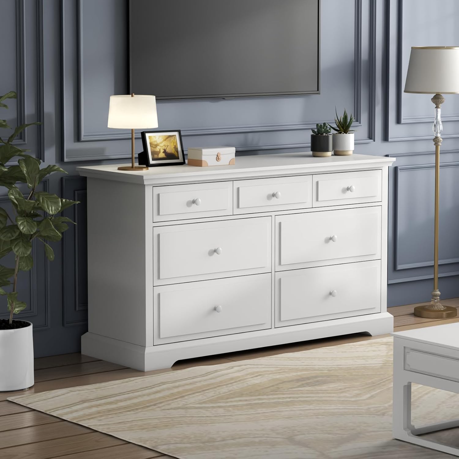 Loomie 7 Drawers White Double Dressers Chests for Bedroom, Large Storage Dressers Organizer for Bedroom, Long Dresser Tv Stand, Vintage Solid Tall Closet Dressers with Storage for Living Room, Hallway