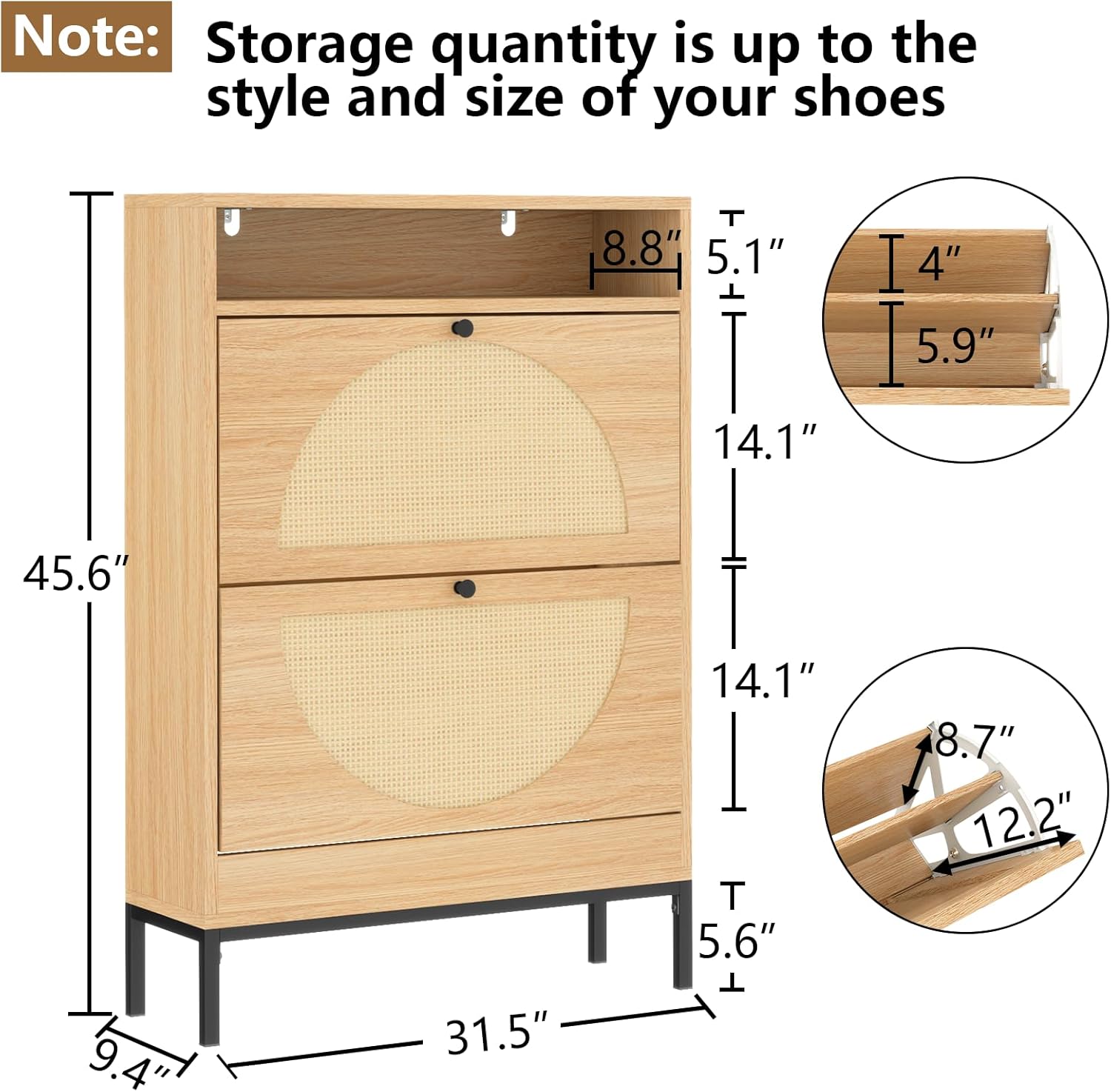 Loomie Rattan Shoe Cabinet, Free Standing Tipping Bucket Shoe Rack Organizer with 2 Flip Drawers,Modern Entryway Narrow Shoe Storage with Top Cubby, Boho Slim Hidden Cabinet with Doors (Natural)
