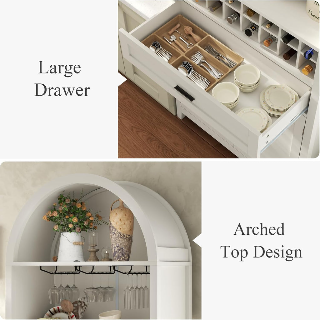 75.7" Tall Arched Wine Bar Cabinet, Bar Cabinets with Glass Holders & Wine Rack, Liquor Cabinet for Home, Kitchen Pantry W/Drawer & Shelves, Versatile Cupboard for Dining Room (White)