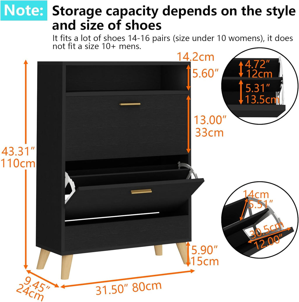 Loomie Shoe Storage Cabinet for Entryway, Free Standing Shoe Organizer with 2 Flip Drawers, Slim Narrow Hidden Shoe Rack Cabinet with Open Shelf, Shoe Cabinet for Hallway, Living Room (Black)