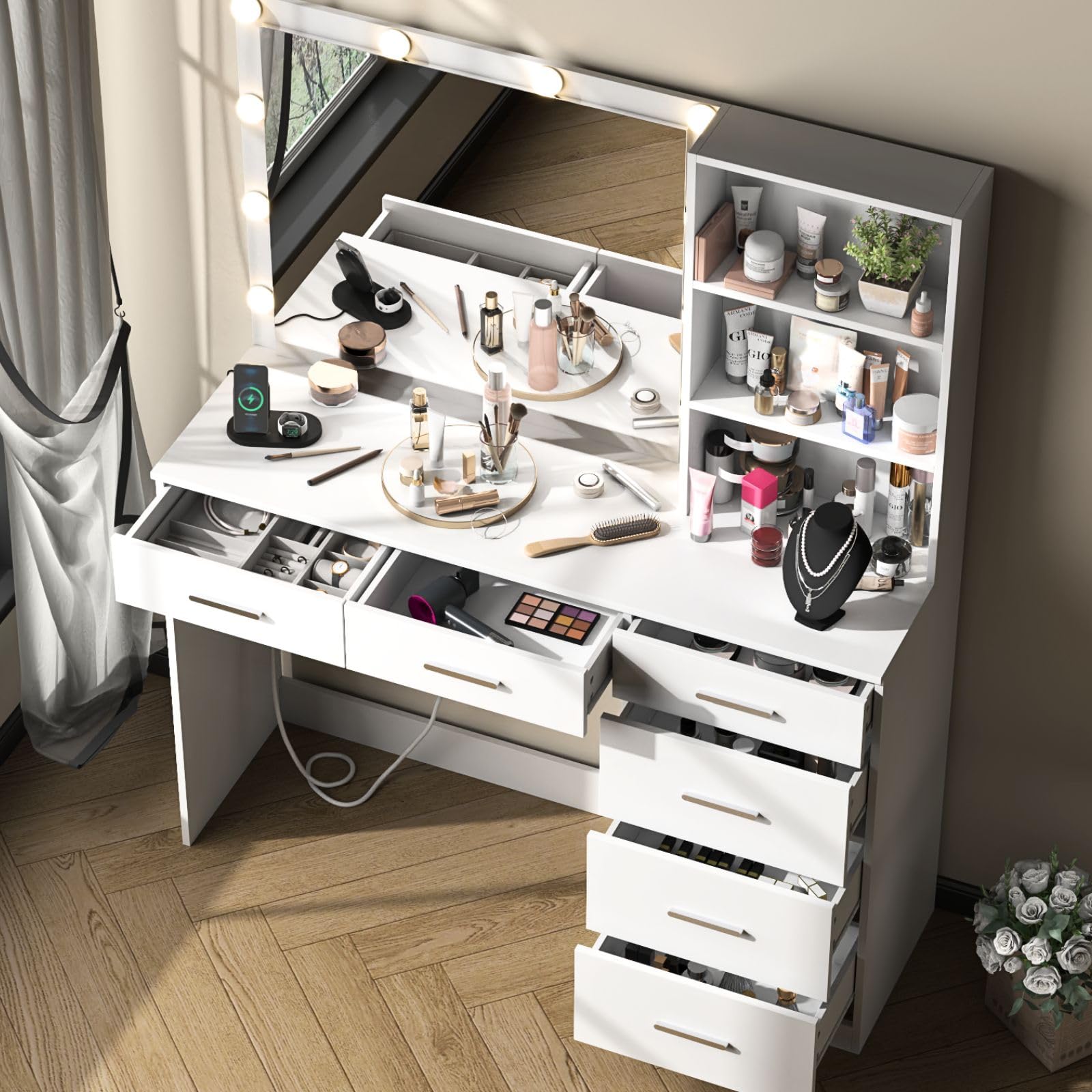 Loomie Vanity Desk with Lighted Mirror & Power Outlet, Makeup Vanity Table with 3 Drawers, 6 Shelves & 2 Cabinets, Tempered Glass Tabletop Dressing Table with LED lights for Bedroom, White (3 Drawers)