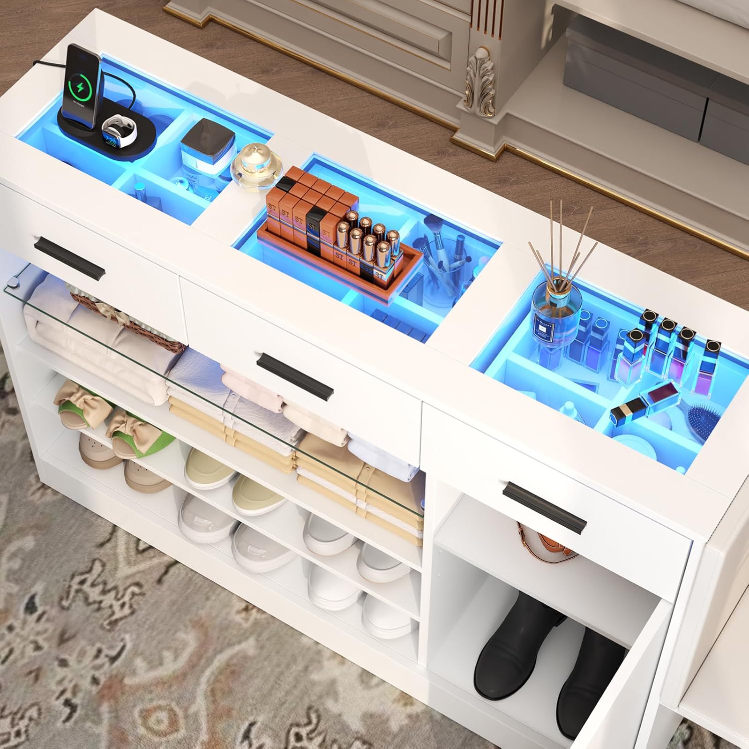 Makeup Vanity Storage Island with Charging & LED Light,Wardrobe Closet Island with Glass Tabletop and Bench, Modern Storage Display Cabinet with Drawers and Shelves for Dressing Room Cloakroom（White）