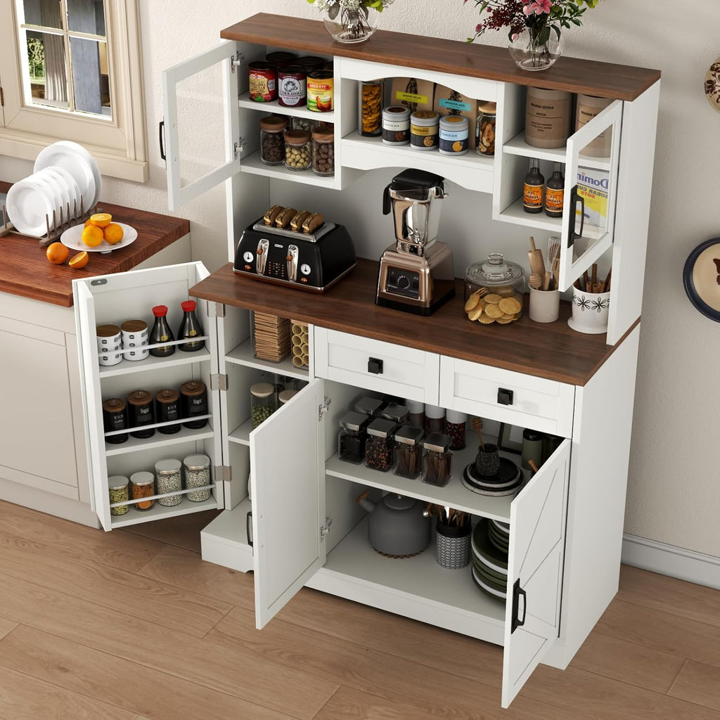 Loomie 59" Farmhouse Buffet Cabinets with Storage,Buffet Sideboard Cabinet with Drawers and Glass Door,Freestanding Coffee Bar with Adjustable Shelves for Dining Room,Kitchen,(White)