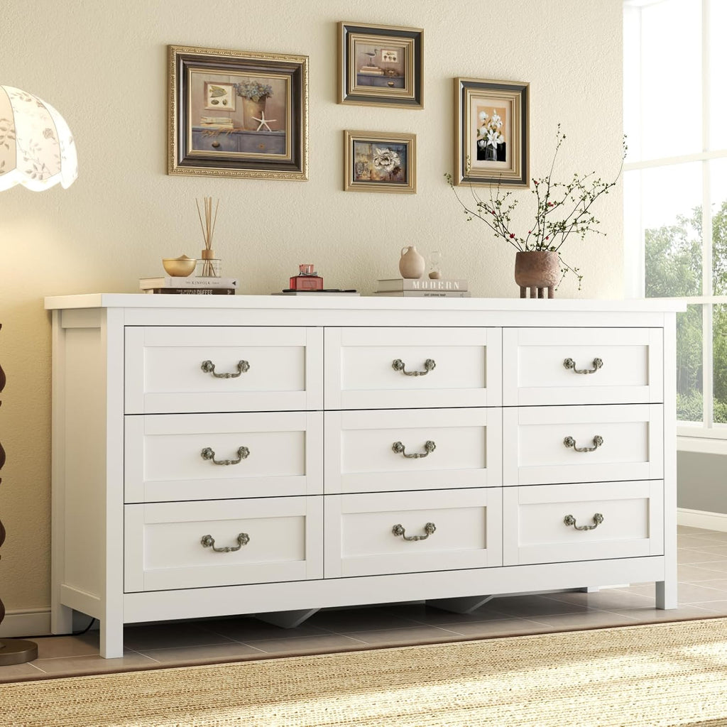 Loomie Upgraded 9-Drawer Dresser for Bedroom, 63" Wide Dresser TV Stand for TVs up to 75", Farmhouse Long Storage Wooden Dressers Organizer, Large Chest of Drawers with Vintage Pull for Closet, White