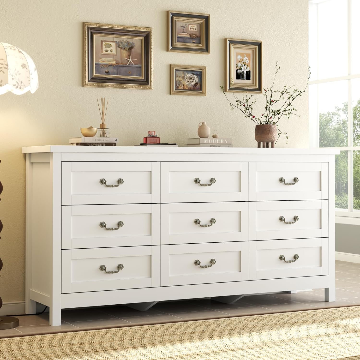 Loomie Upgraded 9-Drawer Dresser for Bedroom, 63" Wide Dresser TV Stand for TVs up to 75", Farmhouse Long Storage Wooden Dressers Organizer, Large Chest of Drawers with Vintage Pull for Closet, White
