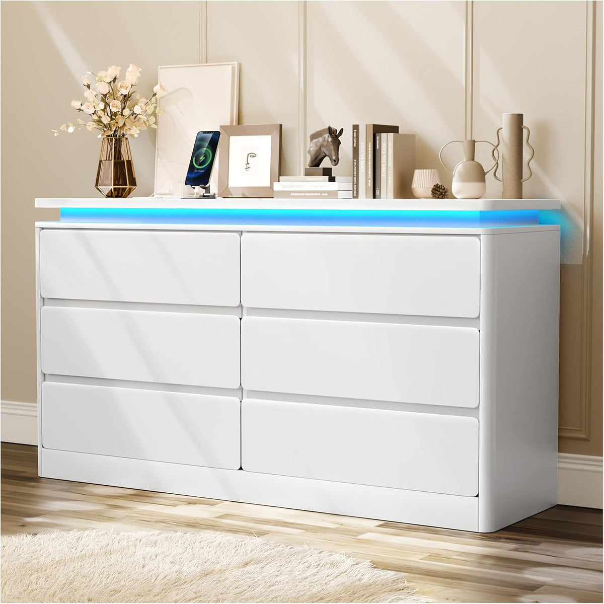 Upgraded 6 Drawer White Dresser for Bedroom, 47.2" Long Chest of Drawers with Charging Station & LED Lights, Wooden Storage Cabinet Dresser for Closet,Modern TV Stand with Deep Drawers